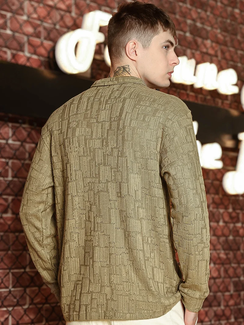 Maniac  Maniac Mens textured full sleeve half zipper oversized dusty green cotton polo t-shirt for Men | Best Price UAE